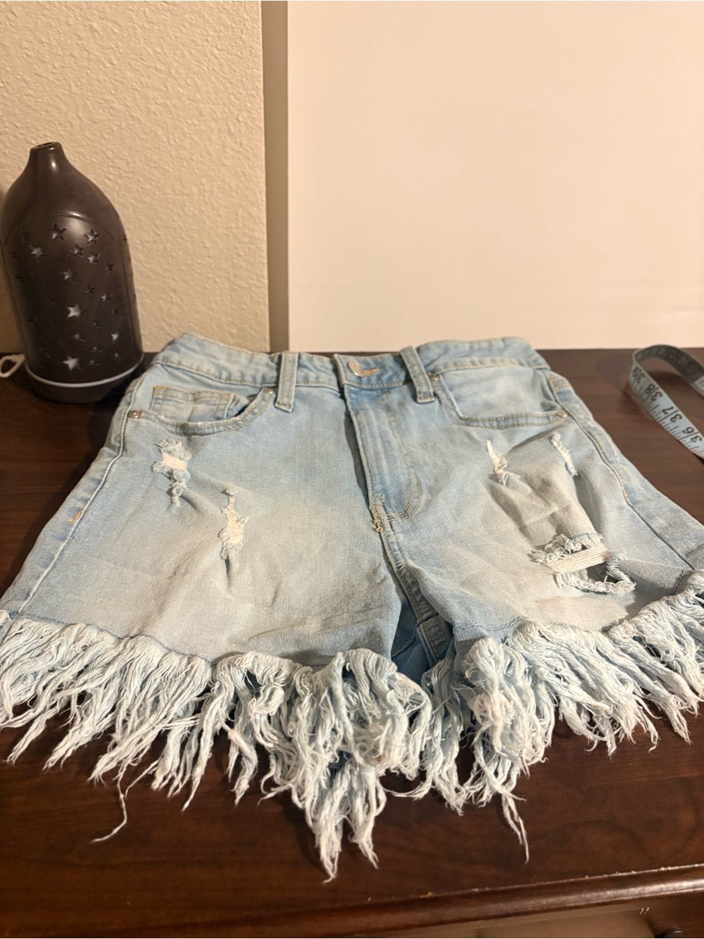 No Boundaries Distressed Fringe Hem Light Wash Denim Shorts